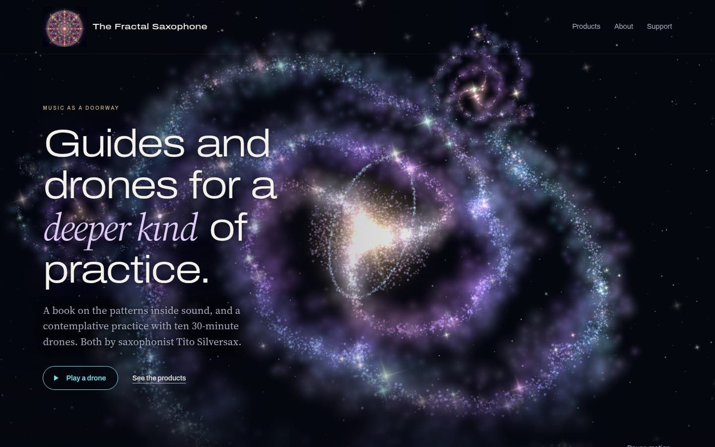 The Fractal Saxophone digital store: a glowing violet and blue spiral galaxy behind the headline “Guides and drones for a deeper kind of practice.”