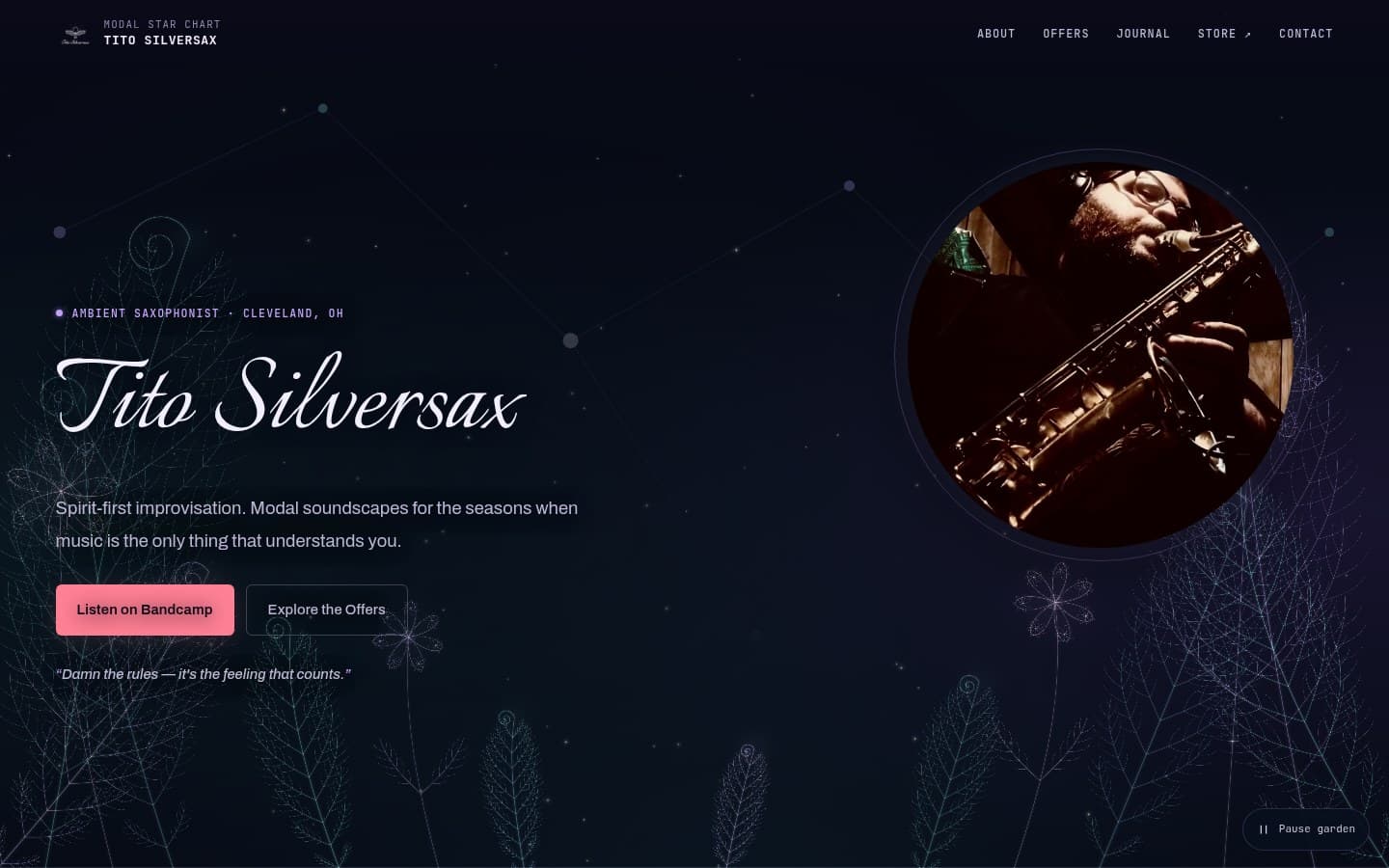 The Tito Silversax homepage: the name in script beside a circular photo of Tito playing saxophone, framed by glowing fractal ferns.